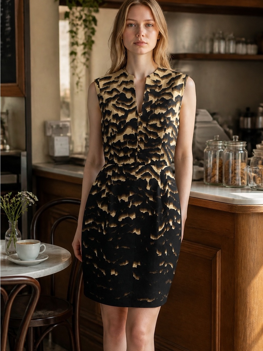 Antonio Melani Womens Size 2 Animal Print Sleeveless V-Neck Sheath Dress